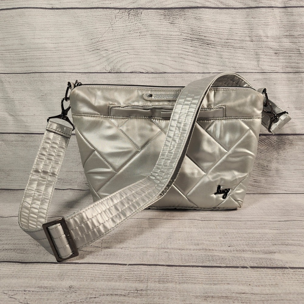 Lug Flare Crossbody Bag Metallic Silver Quilted Chevron Adjustable Strap